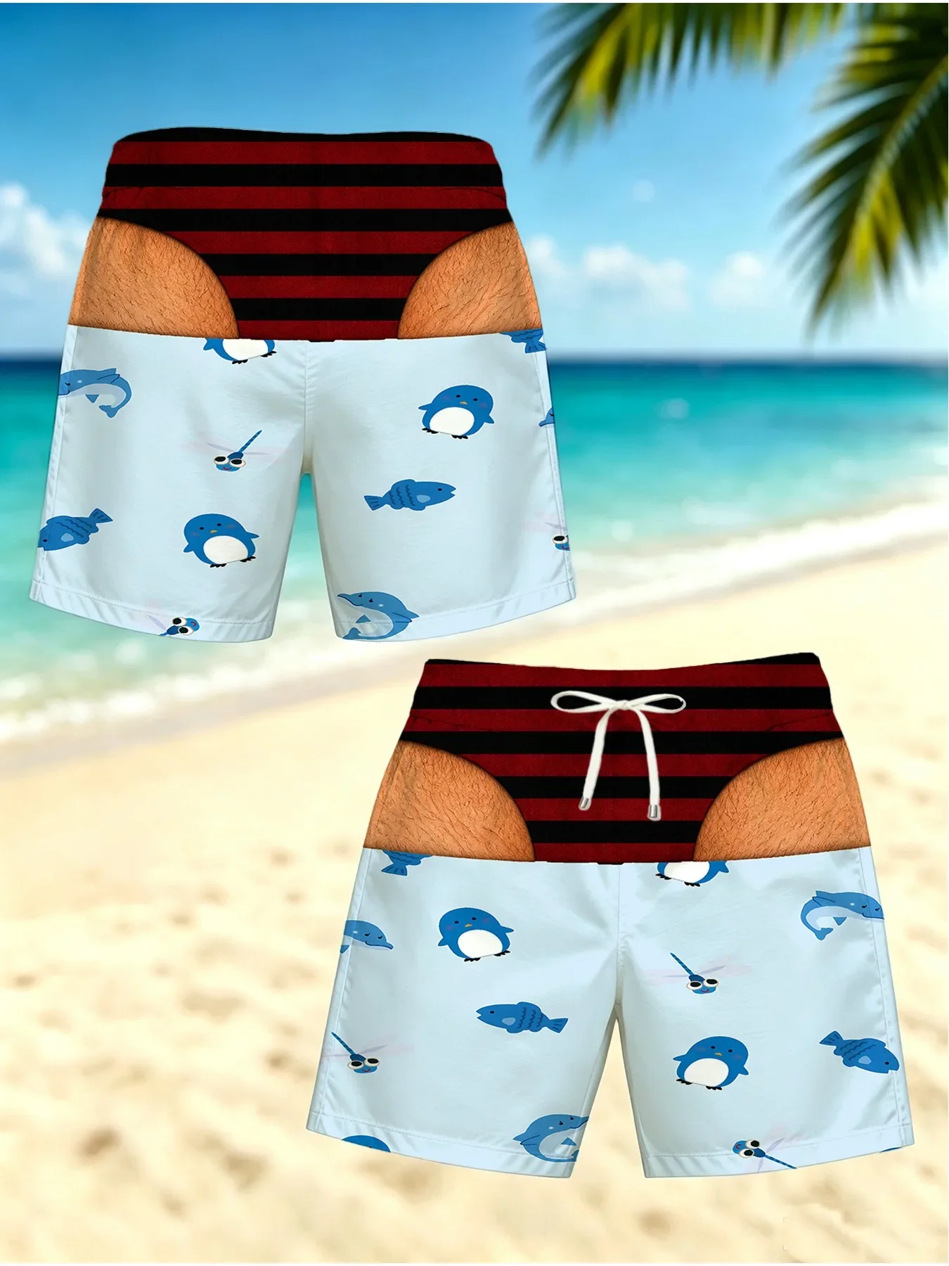 Novelty Fake Two Piece Visual Illusion Swim Shorts Ocean Shell Starfish Printed Men Beach Board Shorts with Drawstring