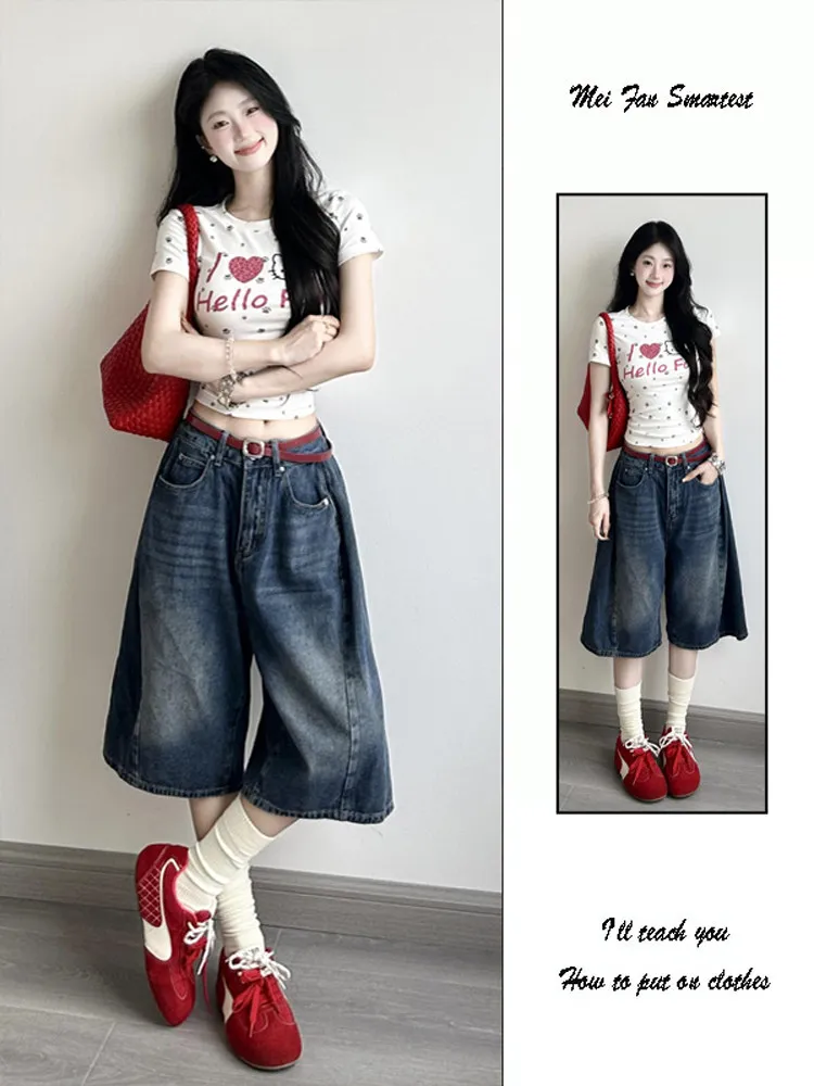 

High Waist Wide Leg Seven-Foot Women's Jeans Summer Thin Loose Slimming Versatile Five-Foot Medium Pants Blue Denim