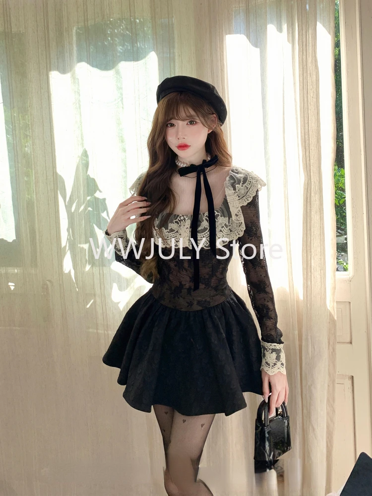 New Gothic Black Vintage Slim Lace Dress Woman Short Party Fashion Y2k Mini Dress Spicy Girls E-girl Fit Kawaii Sweet Dresses