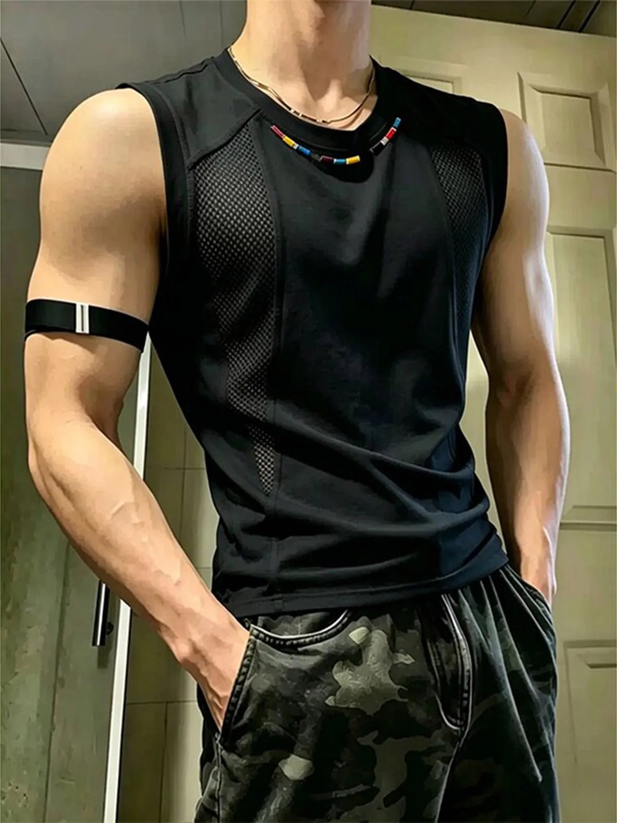 Quick Dry Ice Silk Mesh Vest Men's Sport Sleeveless Show Shoulder Width Cool Feeling Embroidery T-Shirt Heavy Sport Style