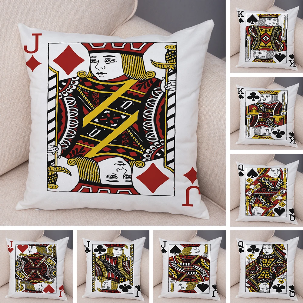 Classic Playing Card Cushion Cover Jack Queen King Illustration High Detail Print Soft Square Pillow Home Decor Accessory45x45cm