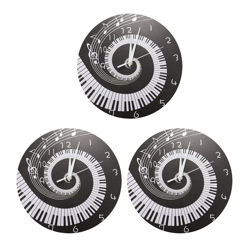 BAAU 3X Elegant Piano Key Clock Music Notes Wave Round Modern Wall Clock Without Battery Black + White Acrylic