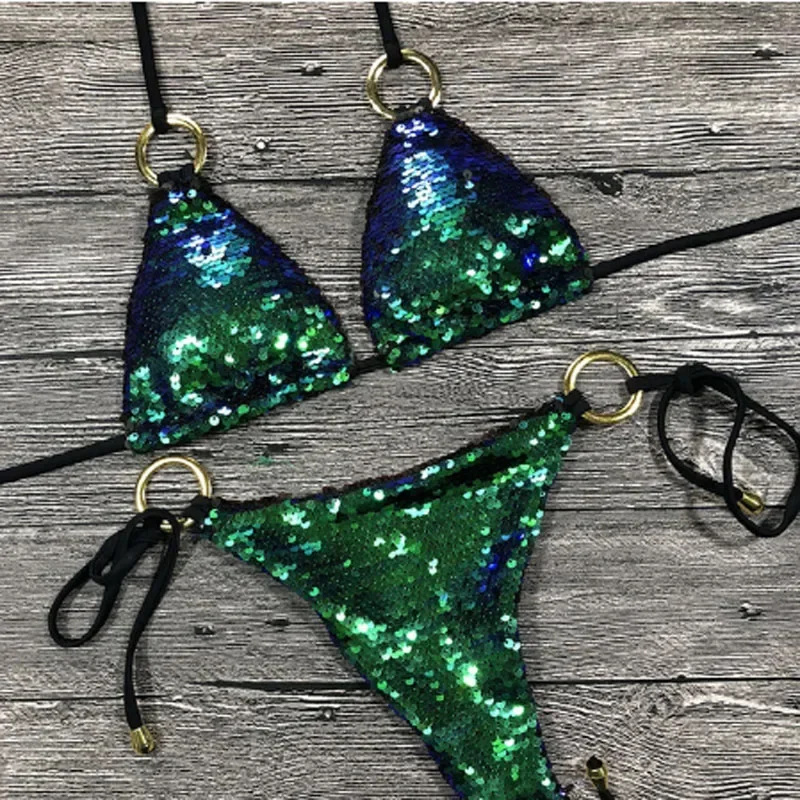 Solid Bikini Sexy Swimsuit Halter Swimwear Bathing Suit Women Bling Sequin Bikini Set Beach Wear Dropshipping Monokini Glitter