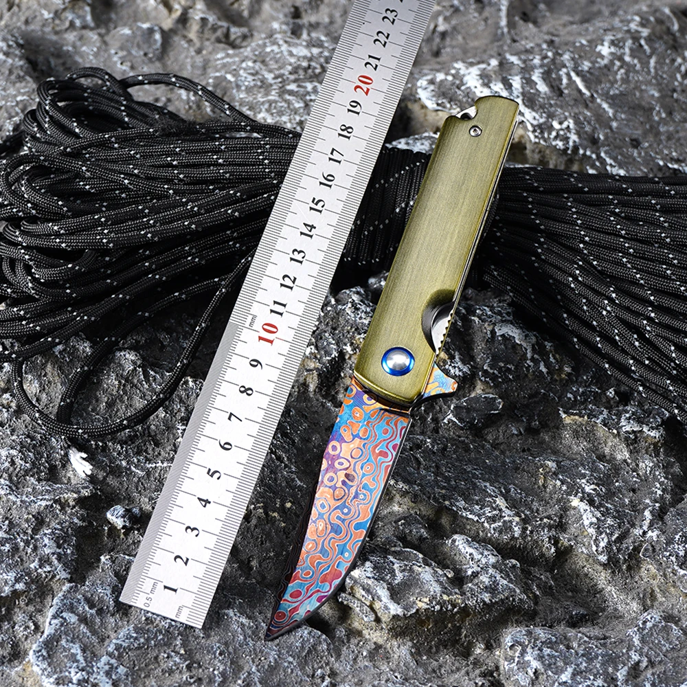 

Folding Knife Blue Damascu Blade Ball bearing Pocket Knife Aviation Aluminum Alloy Handlewith Clip DM-043
