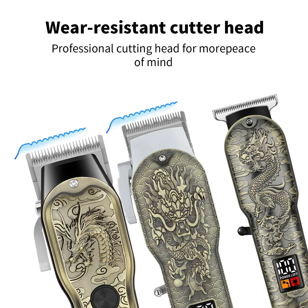 HIENA Dragon Pattern LCD Hair Clipper Set Cordless Barber Cutting Machine Trimmer Shaver Kit Combs Scissors Cape for Men Salon