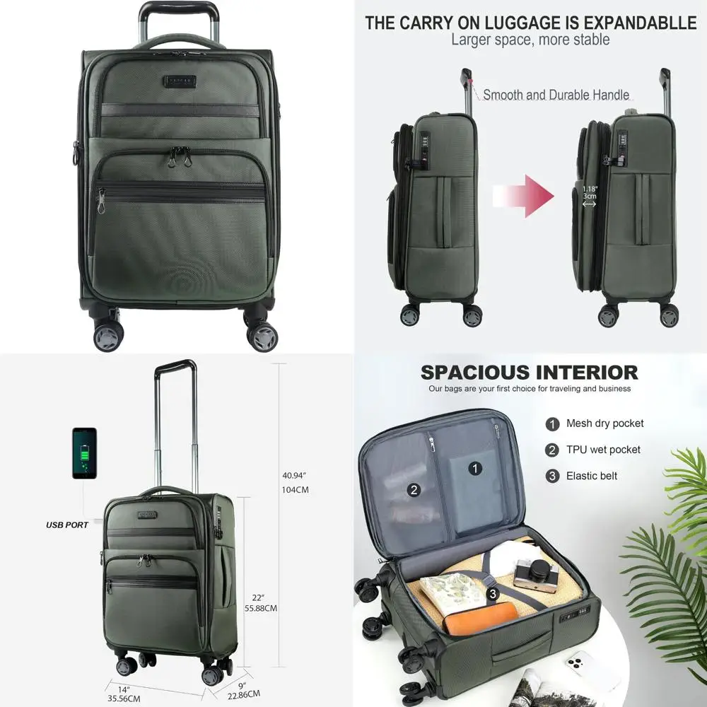 

Expandable Softside Spinner Luggage with USB Port, TSA Lock, and Durable Rolling Suitcase for Travel