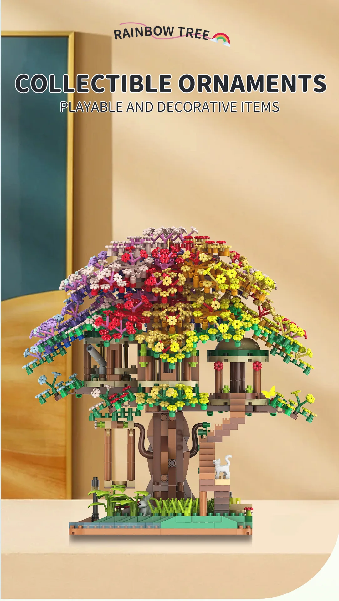 Baumhaus-Baustein-Set, Regenbogen-Sakura, Weihnachten, rote Kirschblüten, 3D-Modell, Mini-Bausteine, Figuren, Spielzeug für die Heimdekoration – Detail 19