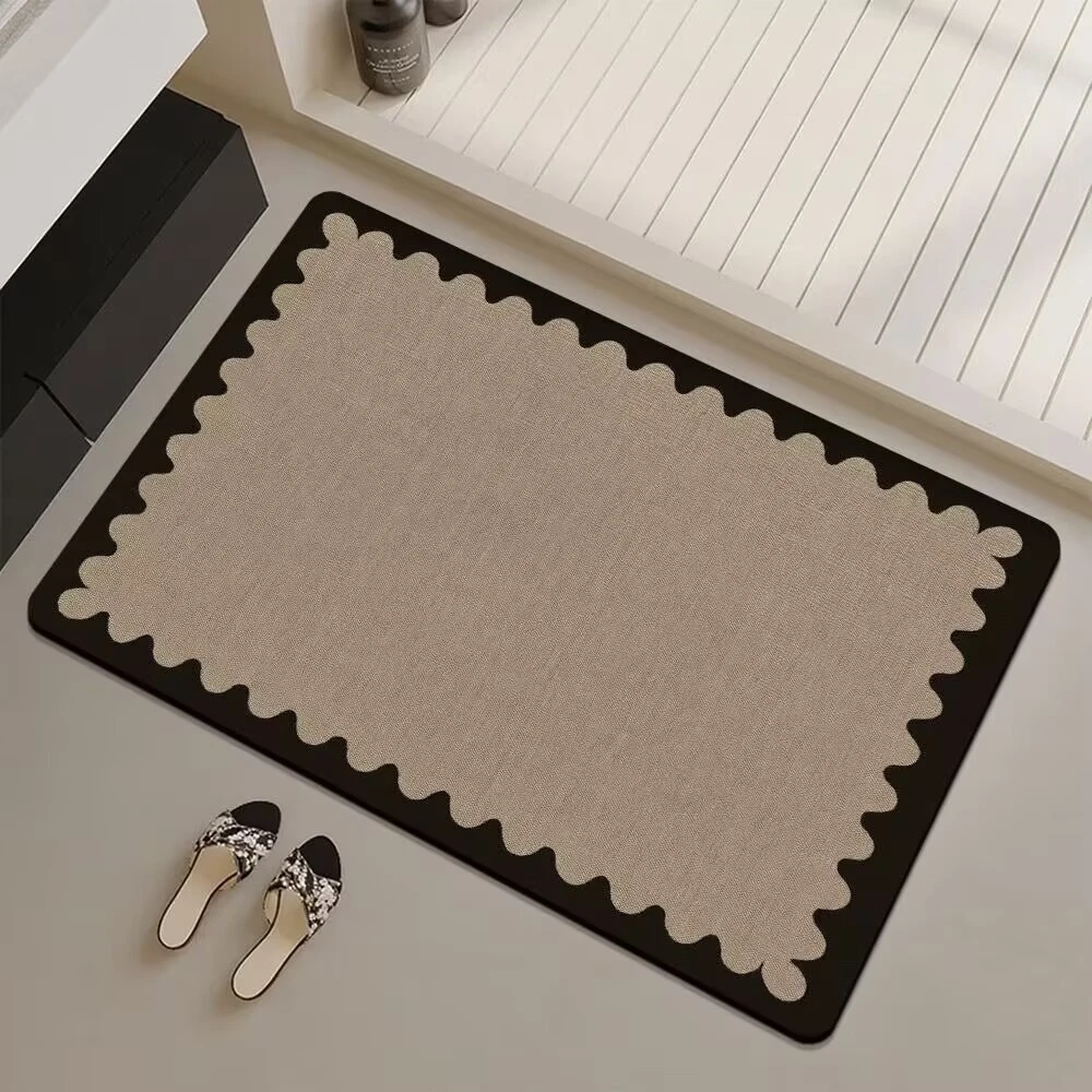 Black Hollow Interlock Line Printed Bath Mat Quick Dry Entry Rug Abstract Hollow Border Minimal For Household Bathroom Pad