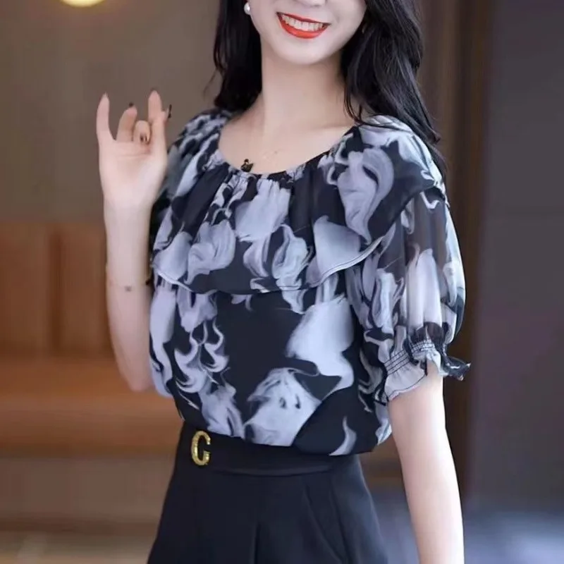 2024 Ruffle Edge Summer Women's Pullover Slash Neck Patchwork Folds Fashion Casual Loose All-match Short Sleeve Blouses Shirts