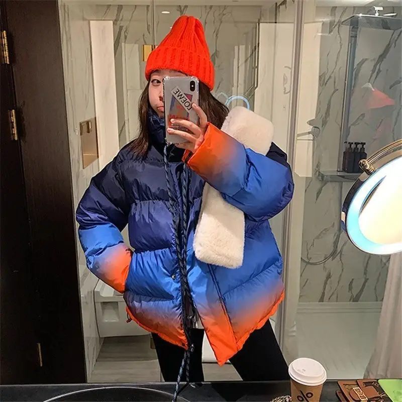 Women Parkas Gradient Color Winter Thick Warm Fashion Wide-waisted Full Zipper Loose Girls Parkas Down Jackets High Quality