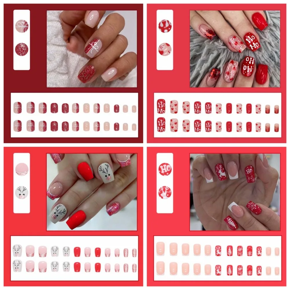 24Pcs/set Manicure Material Christmas Short False Nails Full Cover Nail Art Tips Nail Supplies Christmas Short Fake Nails