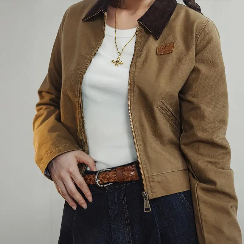Maden Khaki Detroit Kurtki dla kobiet Vintage Wywijany kołnierz Odzież robocza Kurtka Wiosna i jesień Płócienny płaszcz Slim Fit — zdjęcie 3
