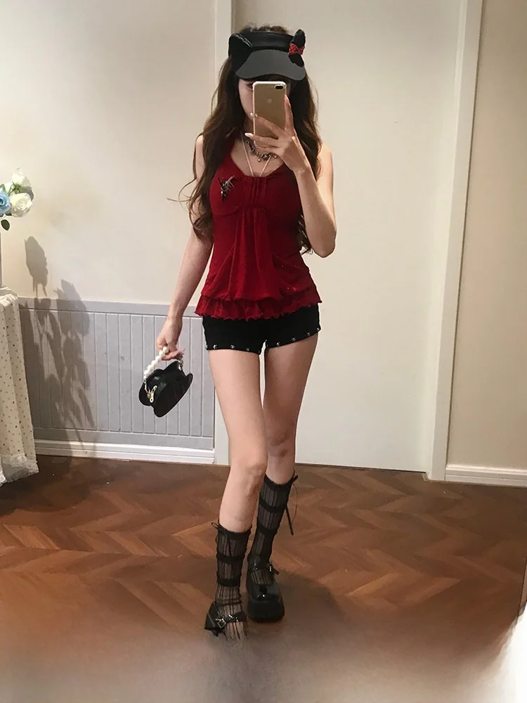 Red Hanging Neck T-shirt Women's Slim Fit Summer Hot Girl Bell Sleeve Top Fabric Pig Wine Wild Shadow Pure Desire Style