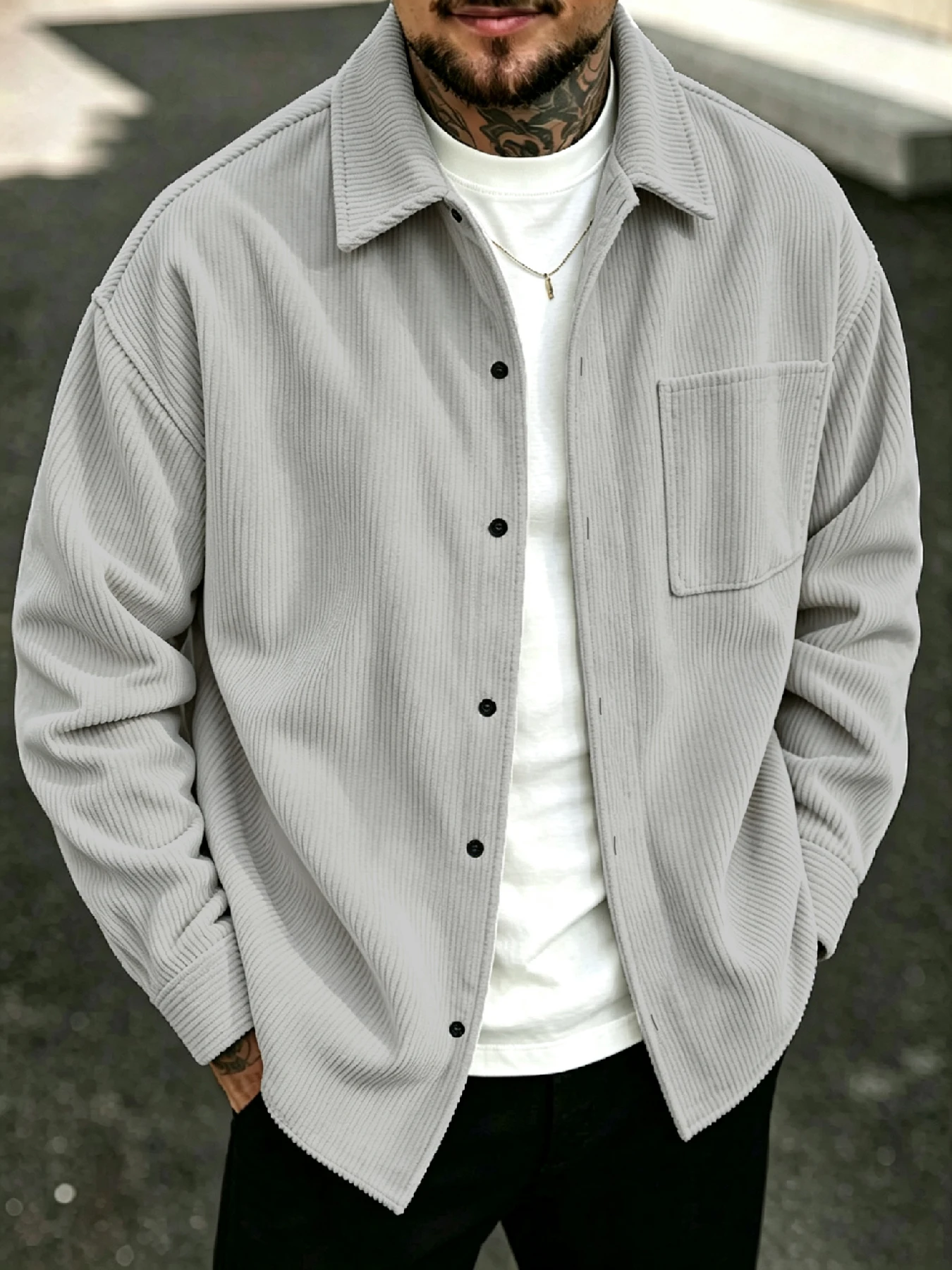 Men's Corduroy Lapel Cardigan Shacket, Japanese CityBoy Relaxed Casual Style, Drop Shoulder Loose Fit Breathable, for Work Schoo