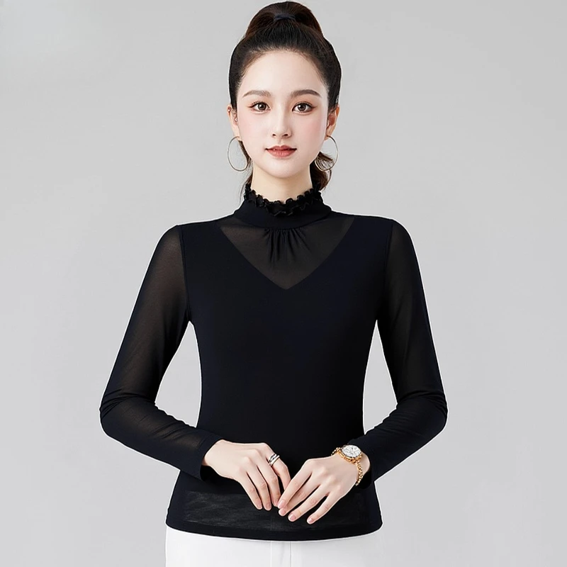 

Одежда для латинских танцев, женский зимний облегающий топ с длинными рукавами, новый стиль, сетчатый костюм для бальных танцев, стандартный костюм для бальных танцев