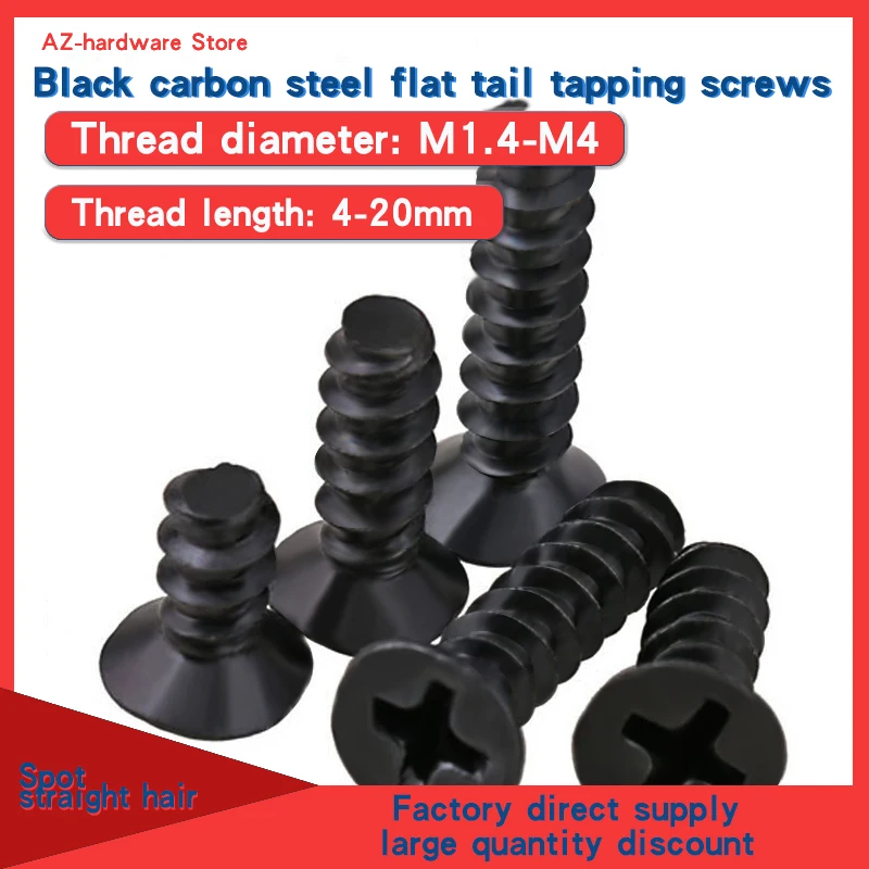 Carbon steel black cross countersunk head flat head flat tail self-tapping screw KB M1.4-M4 50-500Pcs