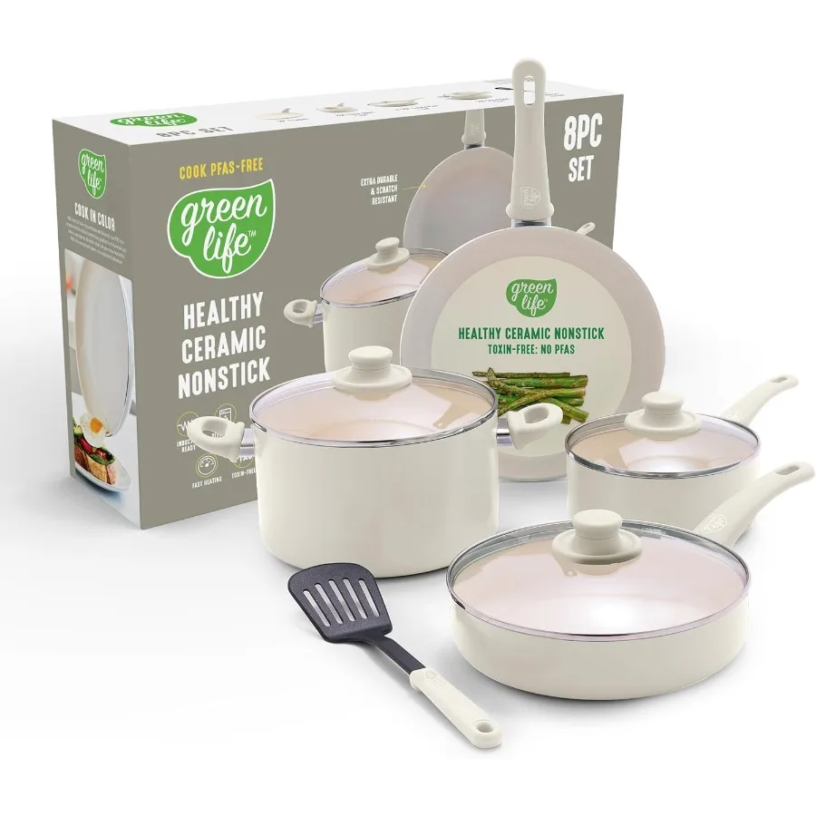 

8 Piece Nonstick Cookware Set for Home Kitchen Use NonToxic PFASFree Ceramic Coating Suitable for Dishwasher and Oven Ideal for