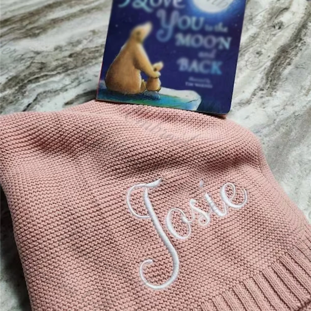 Personalized Knit Baby Blanke Baby Shower Gift Stroller Blanket Custom Embroidered Name Newborn Baby Gift Baby Name Announcement