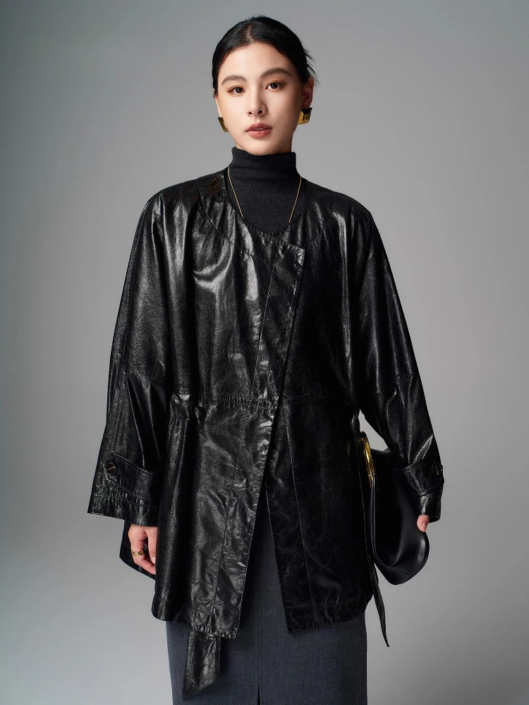 

Classic O-neck Genuine Leather Jackets for Women Spring Autumn 2026 New High-end Simple Soft Black Oil Wax Real Sheepskin Coat