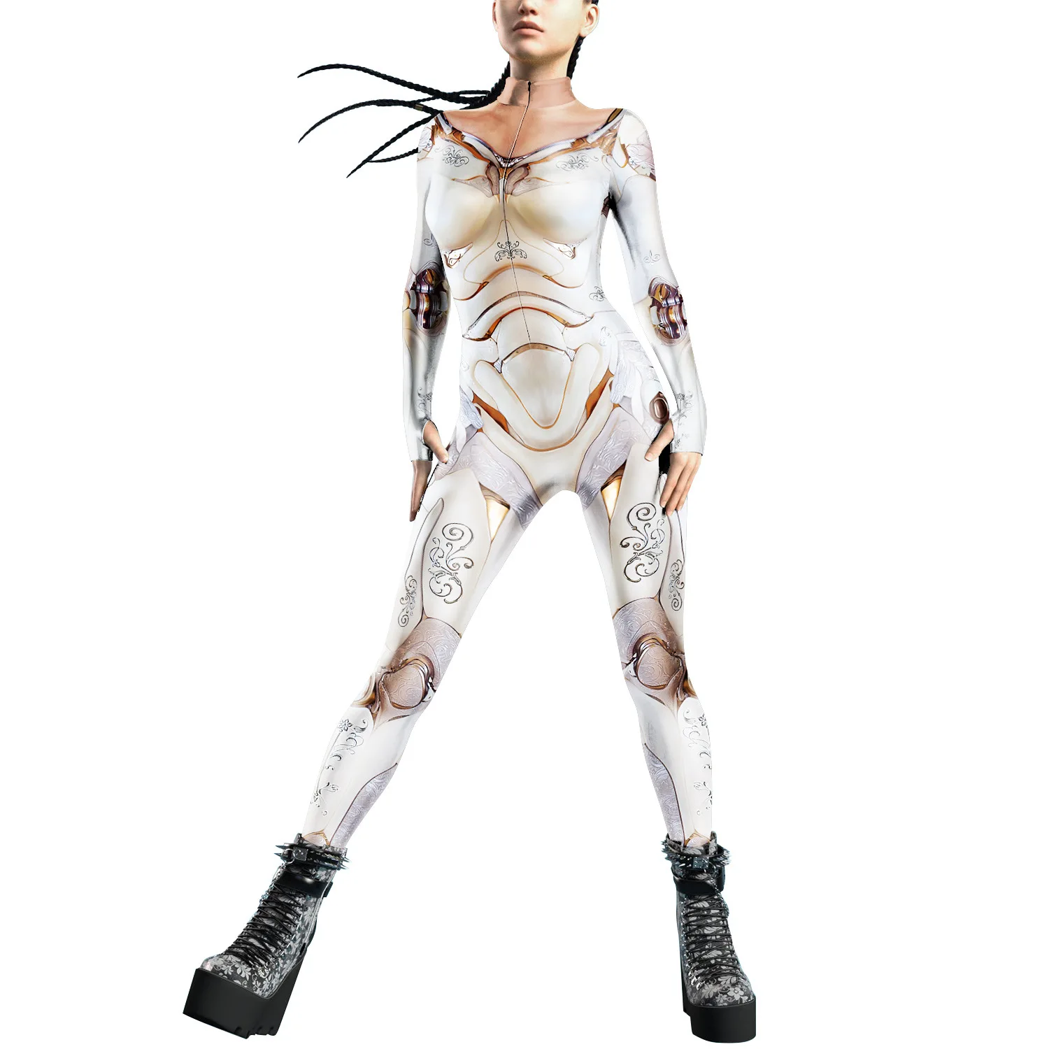 Women Men Mechanical Cool 3D Printing Jumpsuit Halloween Party Cosplay Tight Fitting Suit Punk Role Play Outfit Dance Costumes