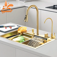 Large Single Basin Waterfall Kitchen Sink 304 Stainless Steel above Counter Design with Cup Disher And Large Drain Slot