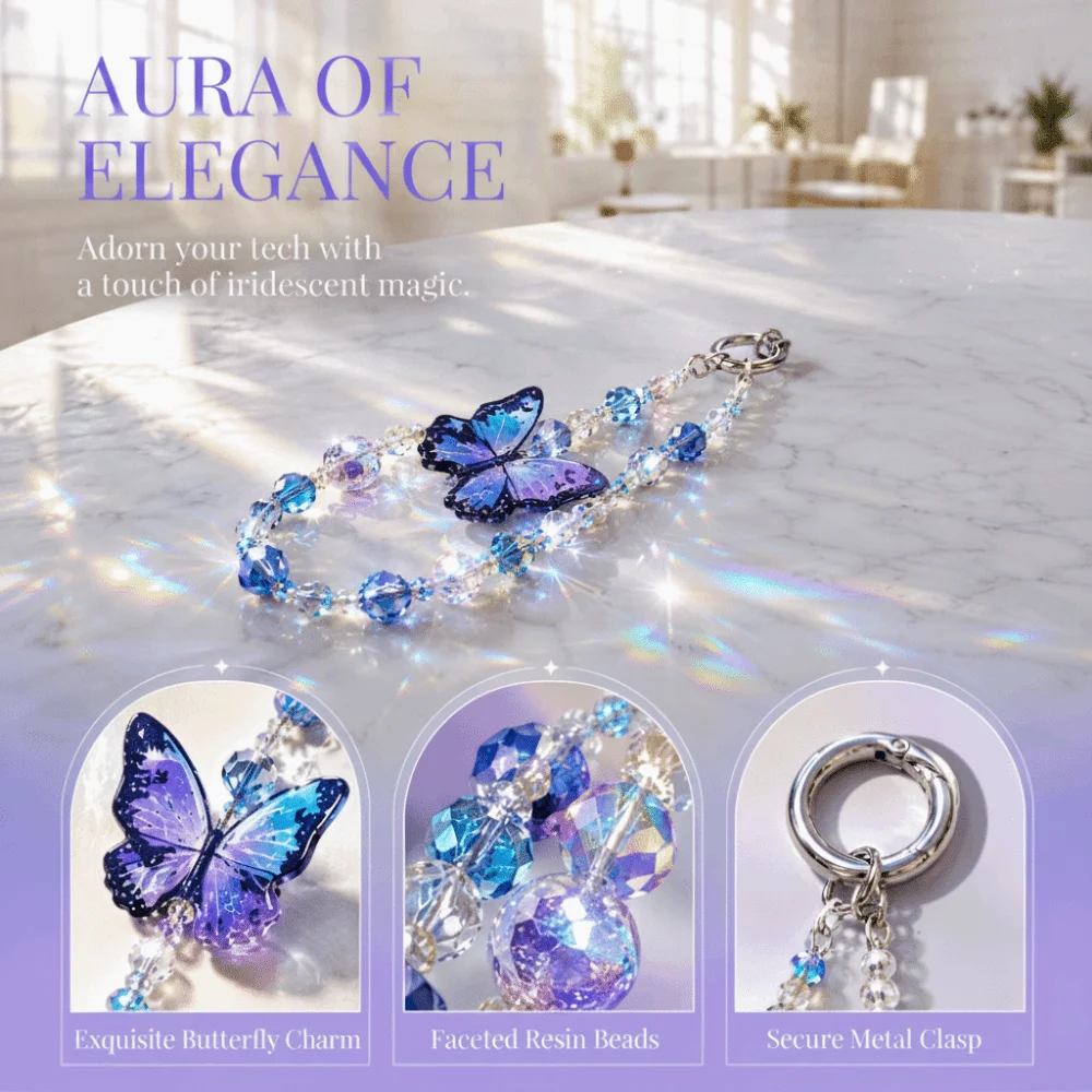 Crystal Beaded Phone Lanyard Charm Glitter Design Anti-Lost Feature Beaded Phone Bracelet Butterfly Charm Adjustable Length