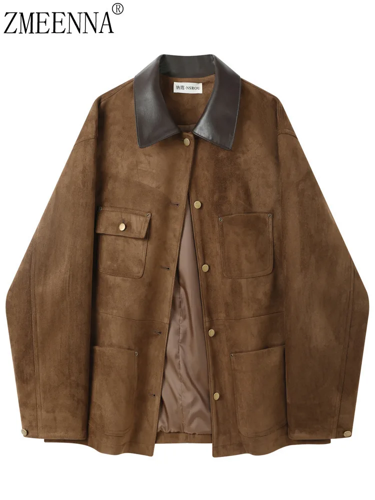 

ZMEENNA Womens Brown Faux Suede Jacket With Black PU Collar Button Up Shacket Coat Four Pocket Design Fall Outwear ZM4282