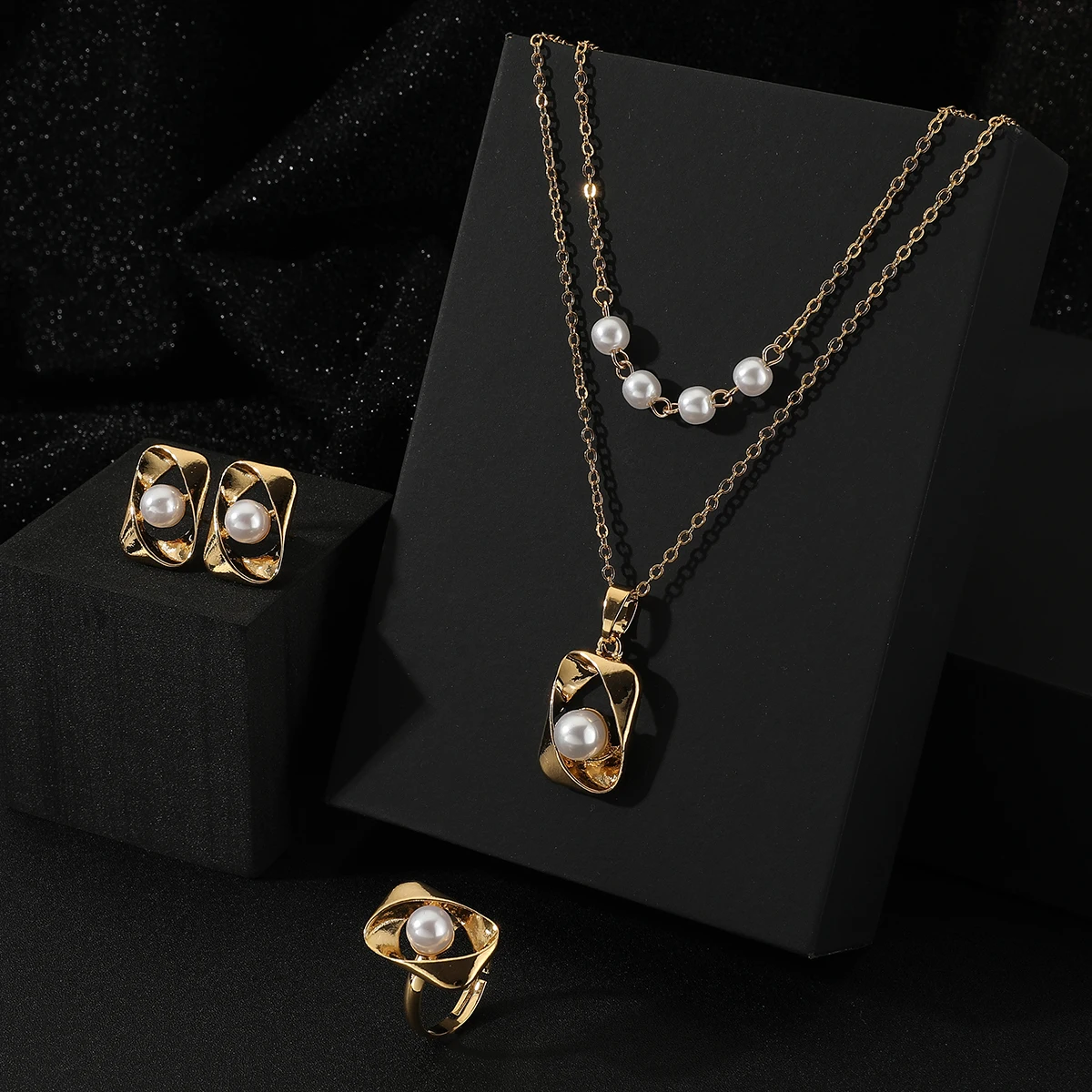 Exquisite Fashion Geometric Pearl Double Layer Chain  Necklace Earrings Ring 3 Piece Set Wedding Jewelry Set Birthday Gift