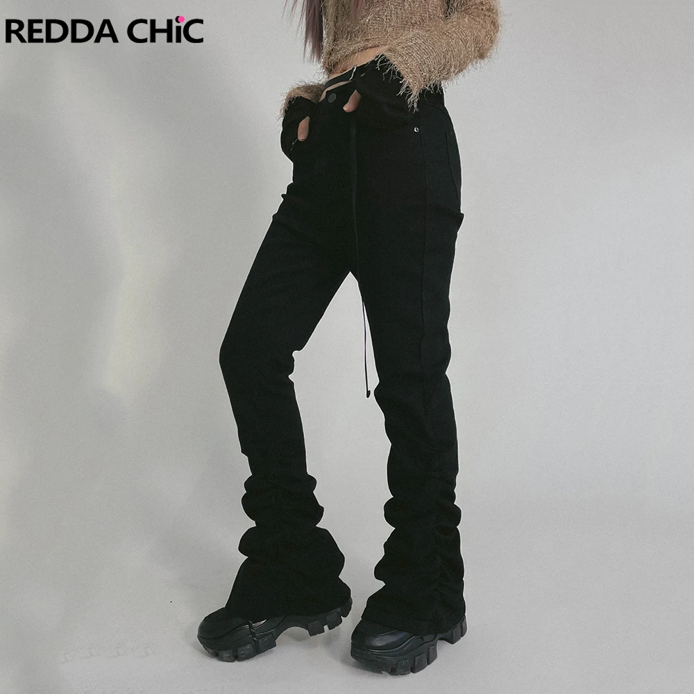ReddaChic 無地ブラック スタックドジーンズ レディース ストレッチ スリムフィット フレア ブーツカットパンツ グランジ Y2K ラッフルヘム ハイウエスト デニム トラウザーズ