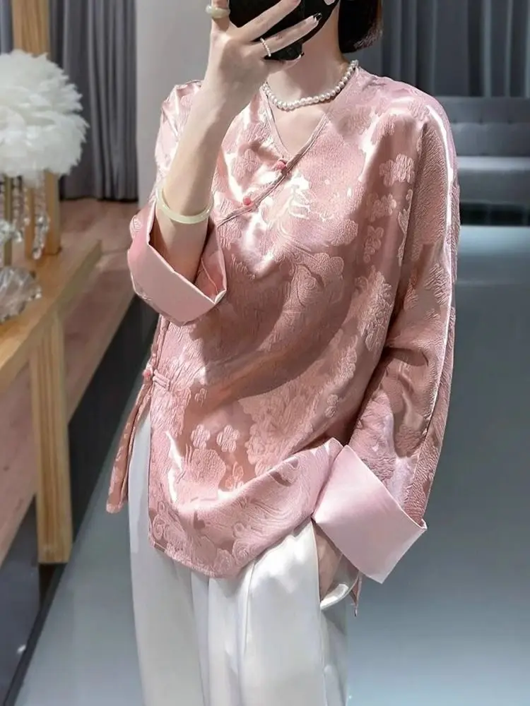 

New Chinese Style Vintage French Jacquard Shirt Women Fashion Casual All-match V-neck Blouses Autumn Blusas De Mujer Pink Tops