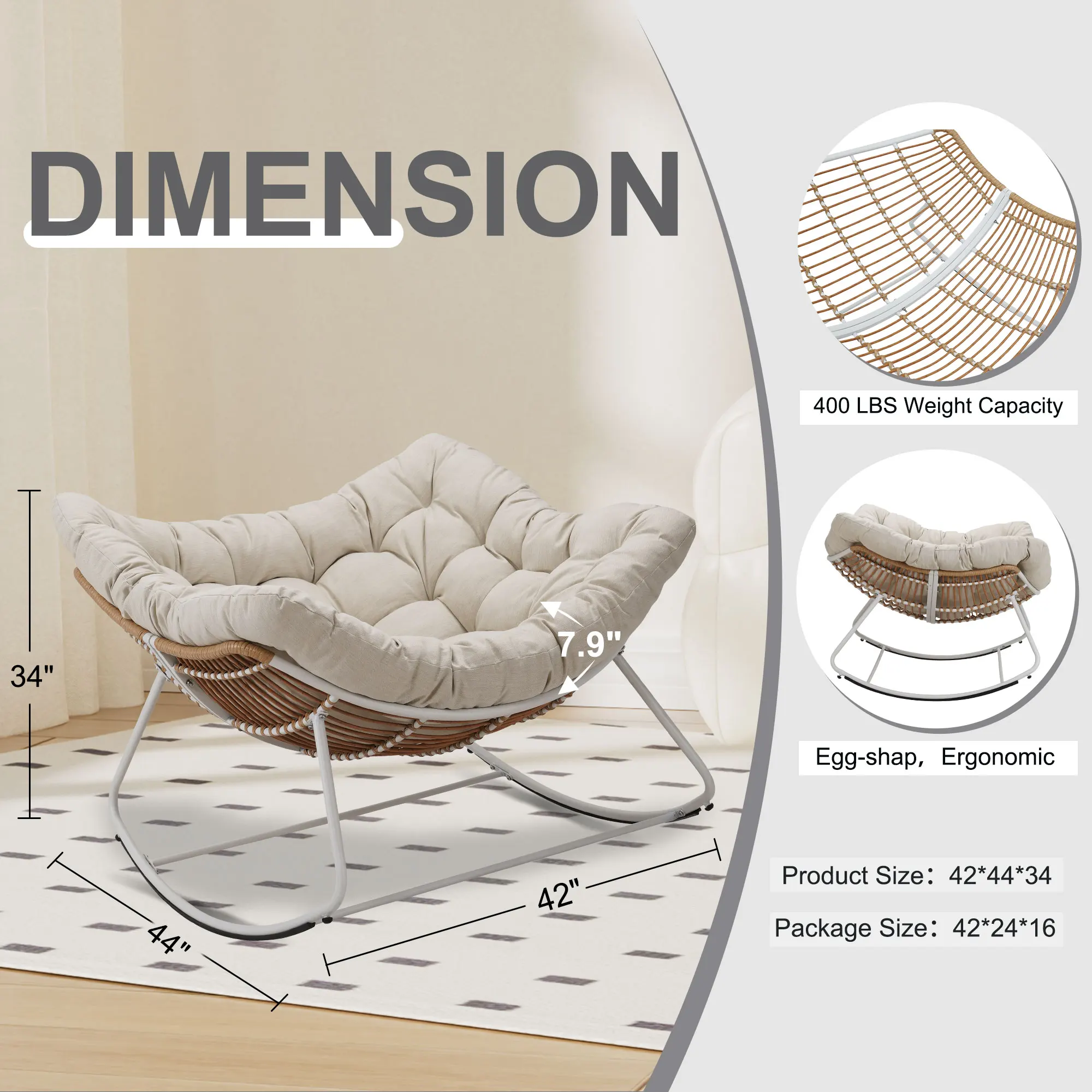 Outdoor Rocking Chair, Patio Wicker Egg Chair, Indoor Comfy Oversized Papasan Chair with Padded Cushion for Front Porch, Garden image 6