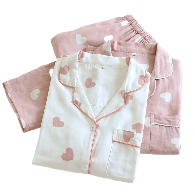 

Women's Long-sleeved Cardigan Large Size Fattened Love Peach Breathable Spring and Summer Thin Double-layer Cotton Gauze Pajamas