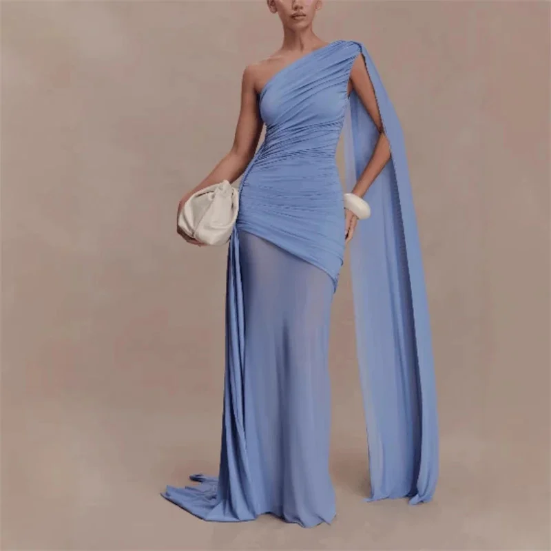 Mesh Spliced One Shoulder Cape Bodycon Party Dress For Women Slim Fit Tulle Panel Elegant Evening Birthday Anniversary Outfit