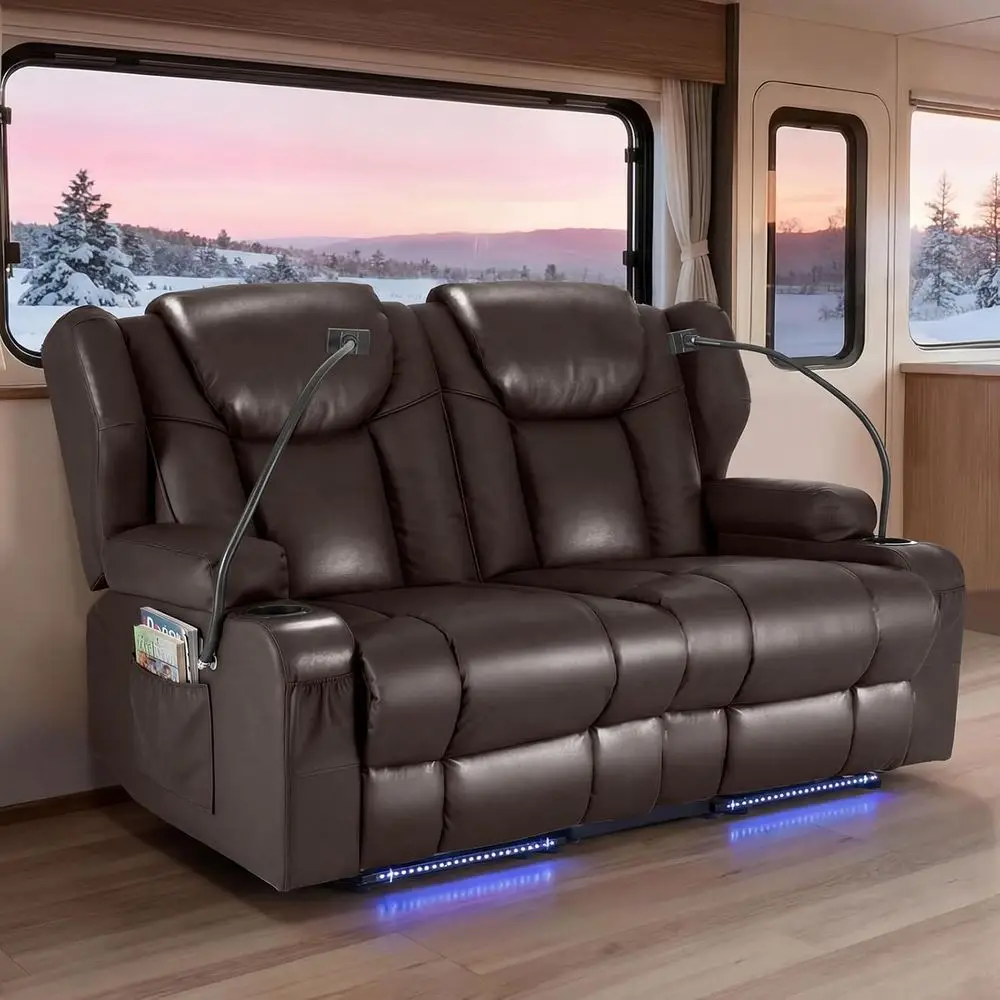 

Dual Reclining Loveseat with Vibration, Heating, Blue LED Lights, USB Ports, Cup and Phone Holders, Brown Leatherette Couch for
