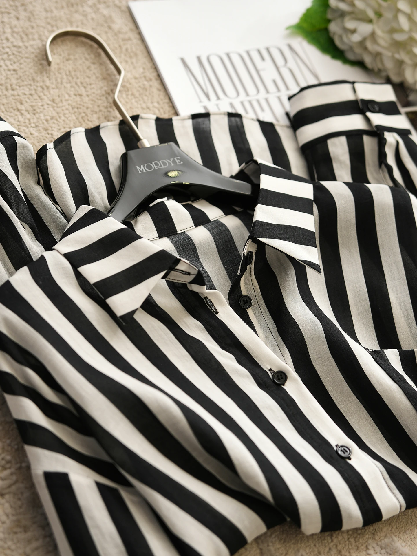 

Loose Long Sve irt Coat 55% Flax 45% Lyocell Fiber Original Design Women's Comfortable Breathable Bla White Stripes Top