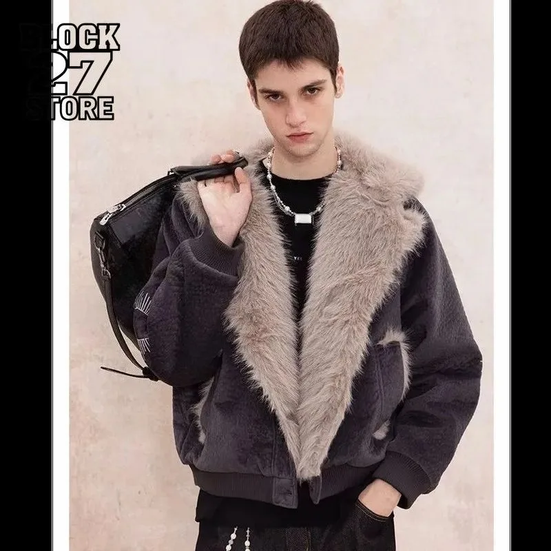 

Mens Jacket Harajuku Winter Thick Fleece Lined Hooded Cotton Coat Embroidered Loose Fit Warm Puffer Outerwear Casual Fashion New