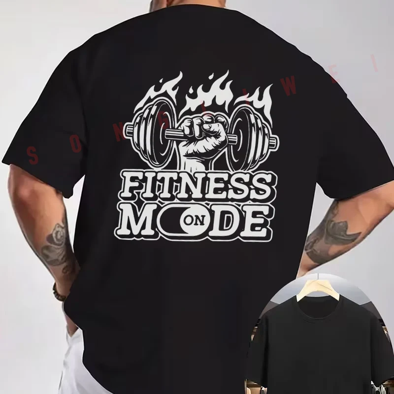 Flame Dumbbell Graphic Motorcycle T-Shirt back Print Men's Short sleeve O-neck Summer Casual Fashion Tops Tee