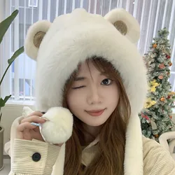 Winter Cute Bear Ear Warm Hat Women Plush Beanie Hat Girls Windproof Cap Warm Thick Bucket Hats Cool Panama Lady Autumn Winter