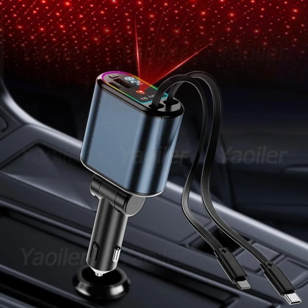 

Starlight Retractable Car Charger,120W 4-in-1 Car Accessories,USB-C Fast Car Phone Charger Adapter with 2 USB Ports,for iPhone