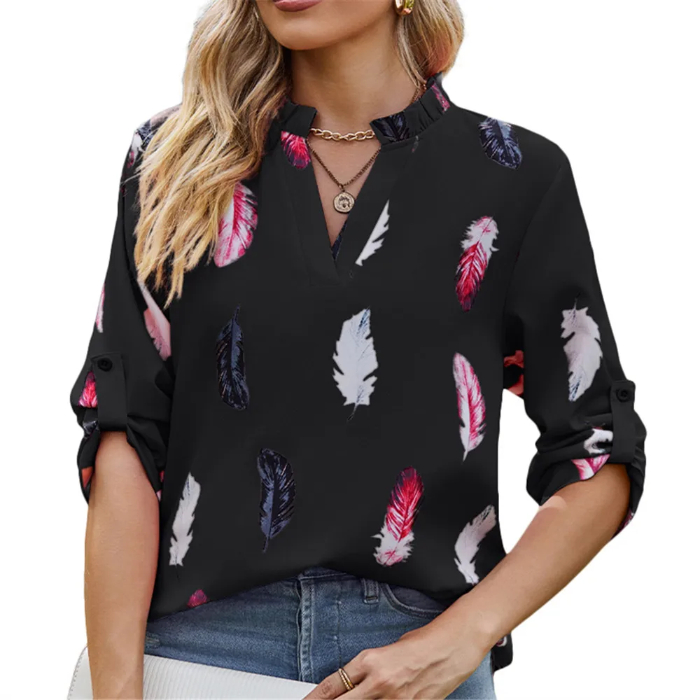 

Women's Shirts & Blouses for Women Lady Elegant Top Feather Korean Popular Clothes Summer Trend Chiffon Black Female Clothing