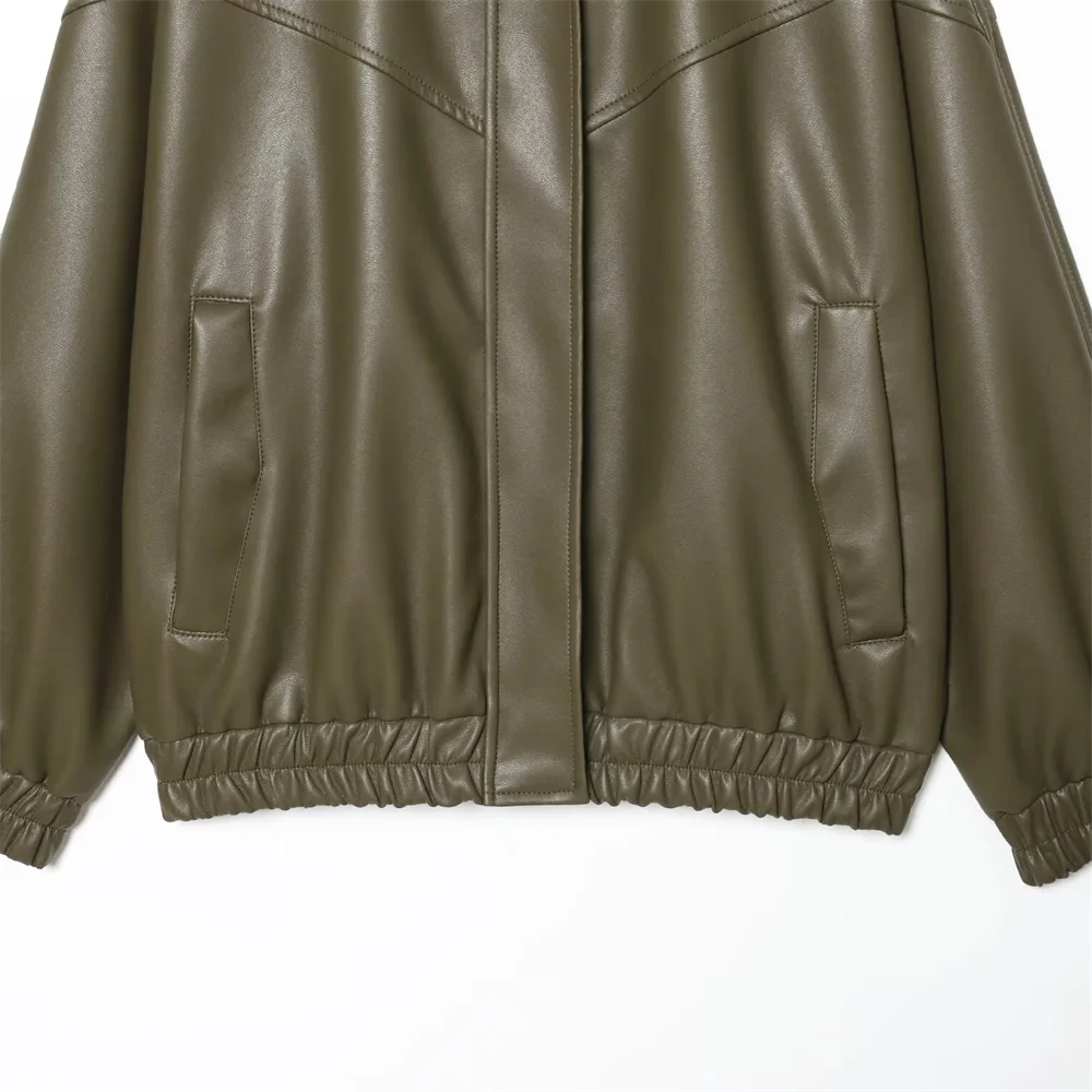 2025 Winter New Women's Simple Casual Long Sleeve Stand up Collar Imitation Leather Pilot Zipper Jacket Coat