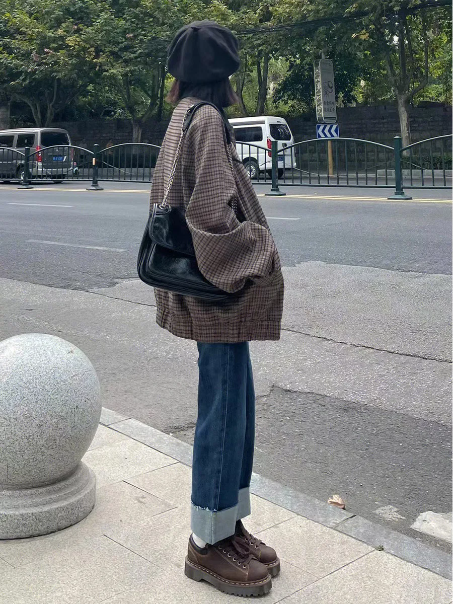High Waist Slim Fit Straight Leg Jeans Women's Autumn Winter Denim Pants Cuffed Vintage Blue Smoke Tube Trousers