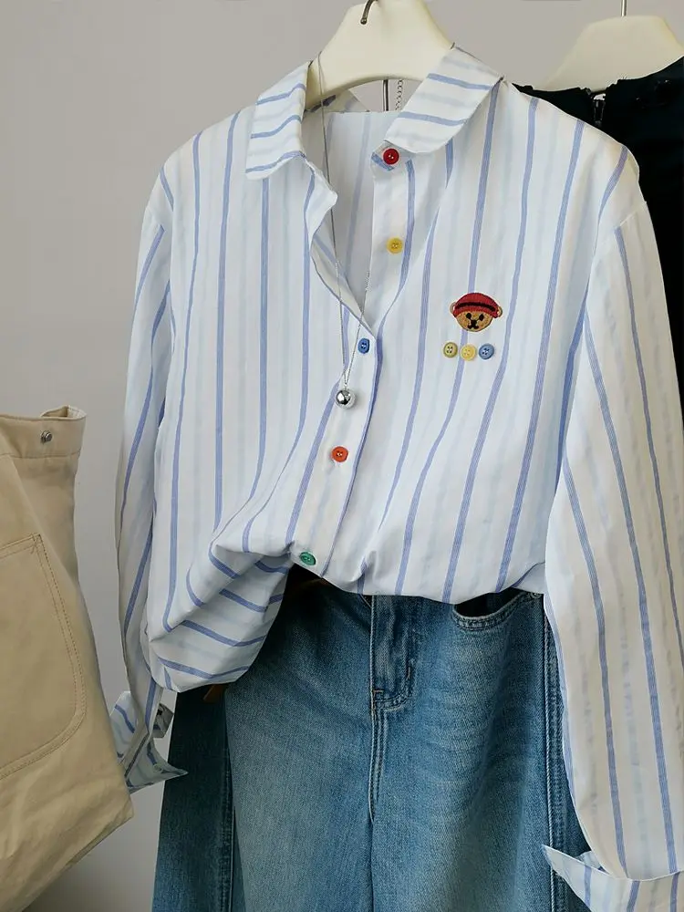 Women's Spring Fall Cotton Loose Vertical Stripe Bear Embroidered Colorful Button Sun Shirt Lightweight UV Protective Blouse Top