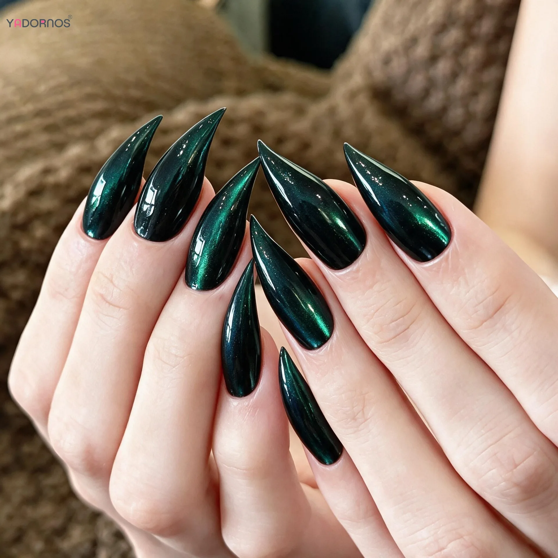 30pcs Alien Shape Long Pointed Fake Nails Dark Green Cat't Eye Dragon Claw Press On Nails Elegant Girls Cat Claw False Nail