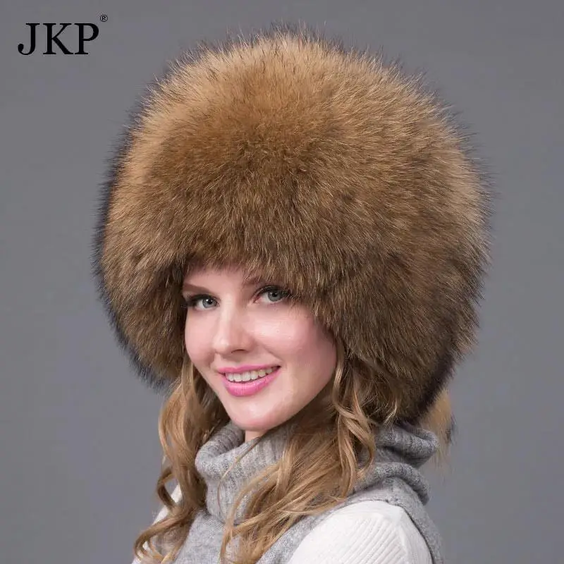 JKP Winter Women's Hat Real Fox Fur Hats Headgear Russian Girls Raccoon Fur Beanies Cap 2024 New Fashion Earflap Hat HJL-01