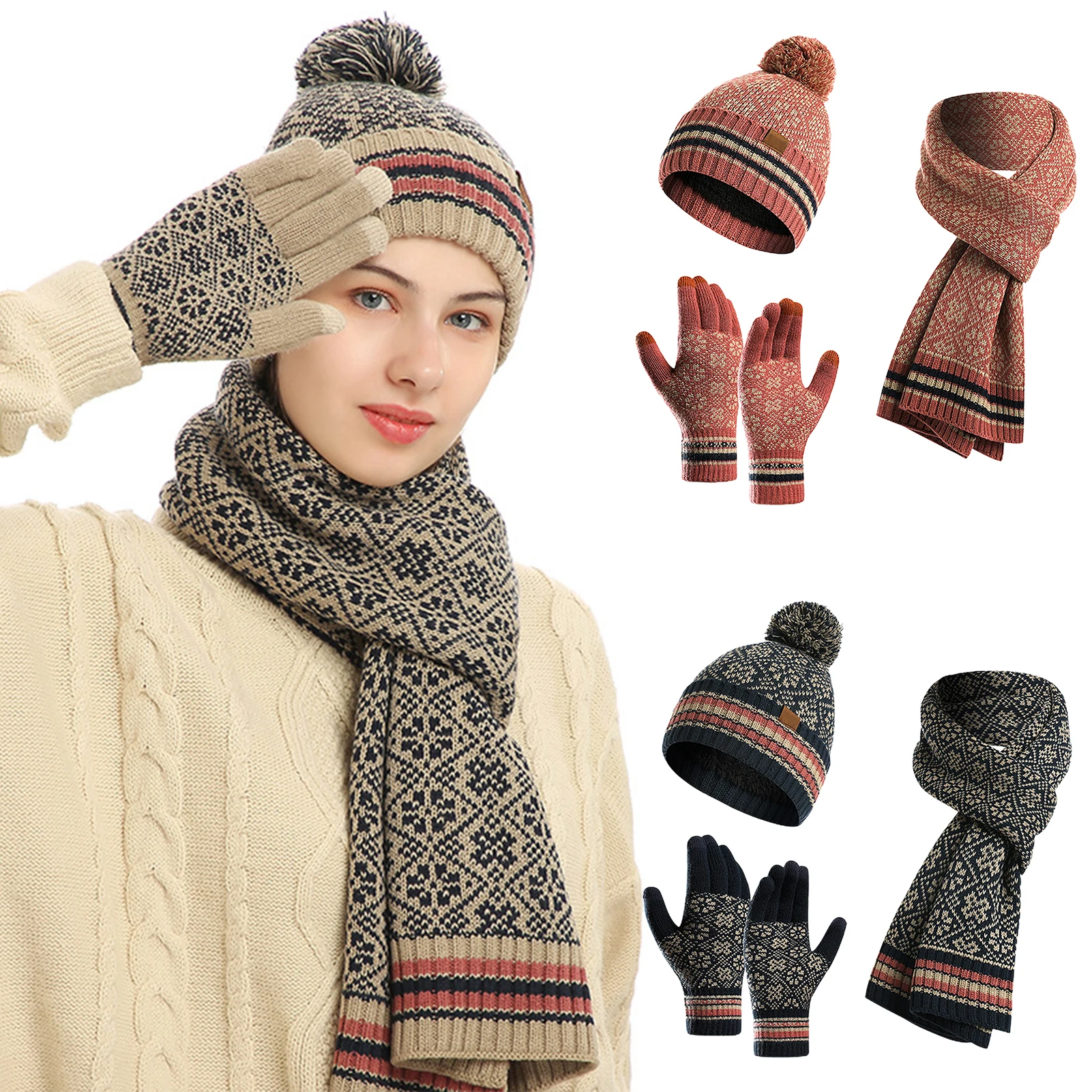 الشتاء محبوك قبعة صوف دافئة وشاح قفاز 3-Piece مجموعة قبعة صغيرة طقم أربطة عنق المرأة مترهل وشاح دافئ محبوك قبعة للخارجية #2