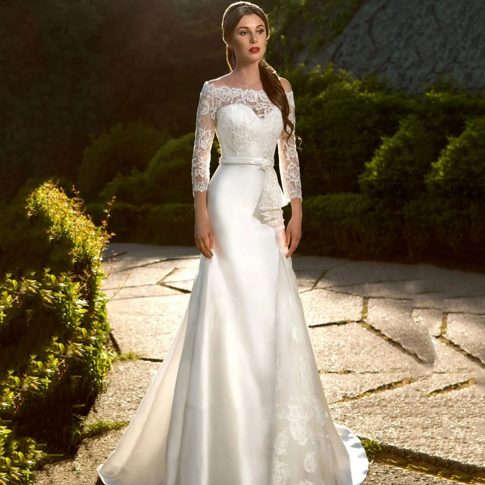 

Mermaid Classic Wedding Dresses Customized Lace Bow Boat Neck Bride Dress Appliques Elegant Bridal Gown Vestido De Novia