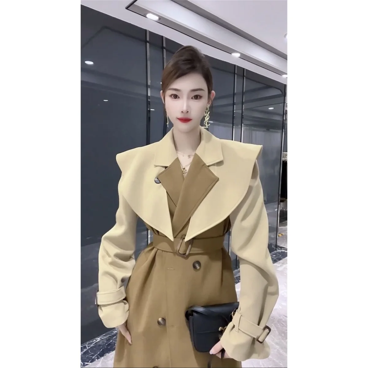 

Women'S Leather Trench Coat Streetwear Contrast Pink Button Casaco Feminino Femme Fitted Fold Trendy Loose-Fit Fashionable