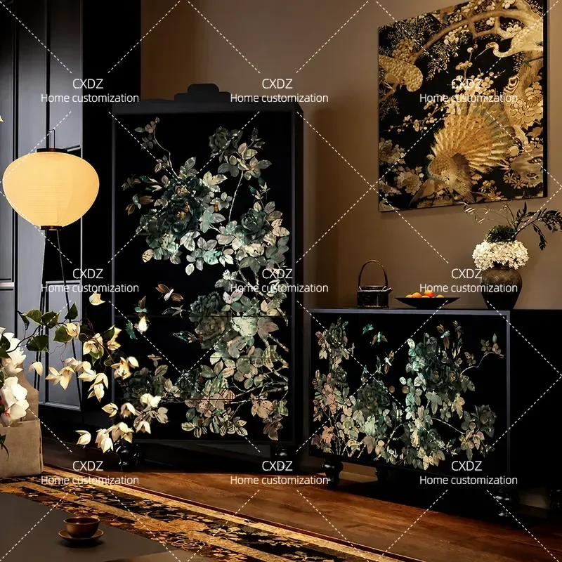 Medieval Chinese Style Butterfly Flower Solid Wood Vertical Cabinet Living Room Porch Multi-functional Storage Locker