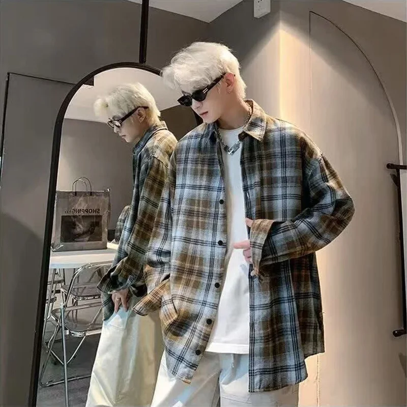 

Мужская винтажная клетчатая куртка-рубашка в американском стиле, весна и осень, корейская версия, модная повседневная универсальная рубашка в ленивом стиле